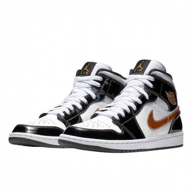 Jordan 1 Mid Patent Black White Gold 852542-007
